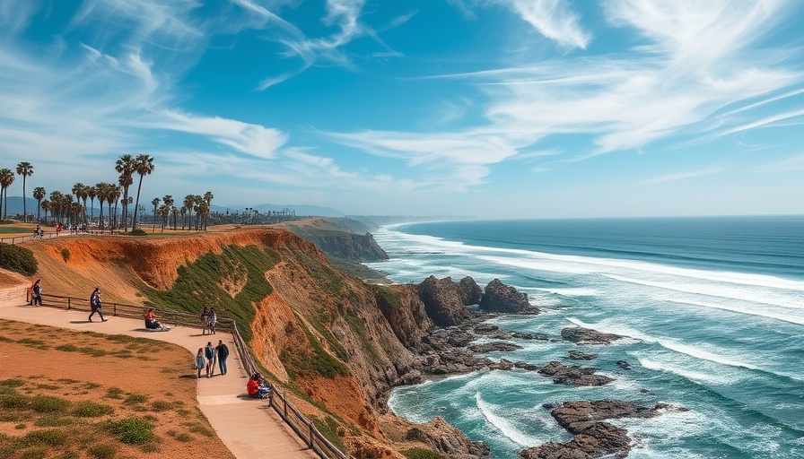 Scenic view of Sunset Cliffs with people enjoying the coastline, showcasing the need to protect Sunset Cliffs from sea level rise.