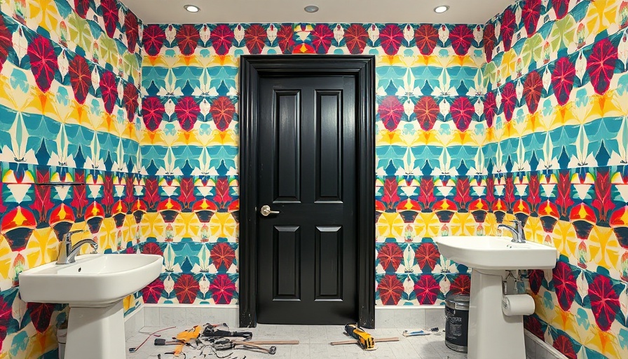 Half bathroom renovation ideas with colorful geometric wallpaper.