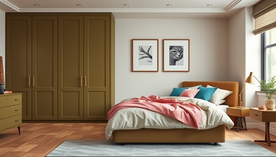 Modern bedroom showcasing a sweatshirt storage hack with green wardrobes.