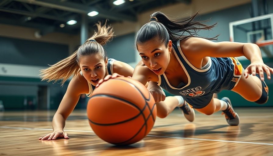 Intense action of female basketball players diving for ball during game.