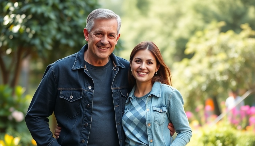 Middle-aged man and young woman standing contently in a garden.