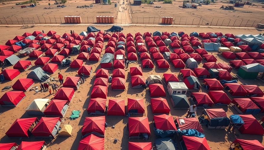 San Diego tent encampment with numerous red tents and tarps under the sun.