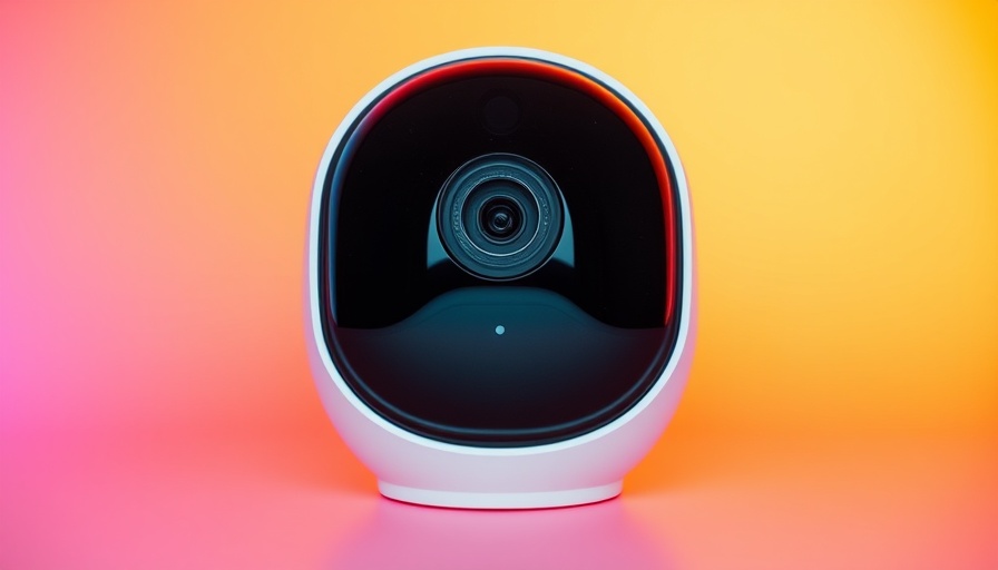 Smart security camera on vibrant orange gradient.