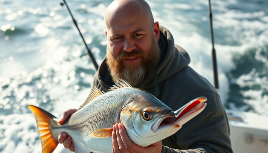 Cape Cod fishing in September, man holds fish on a boat.