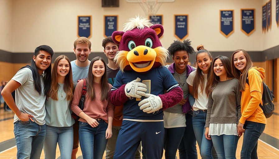 Patrick Henry High School Link Crew with mascot in gym setting.