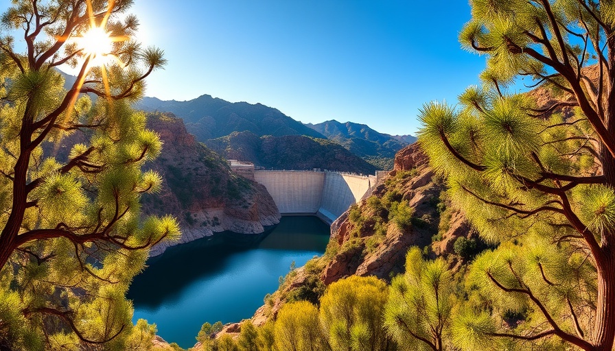 Scenic view of El Capitan Dam with mountains and lake.