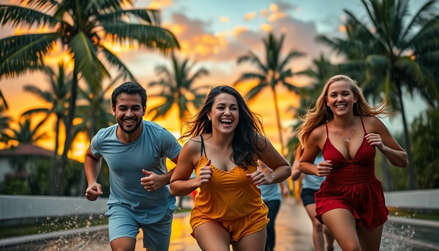 Group of adults running in rain, promoting health and wellness