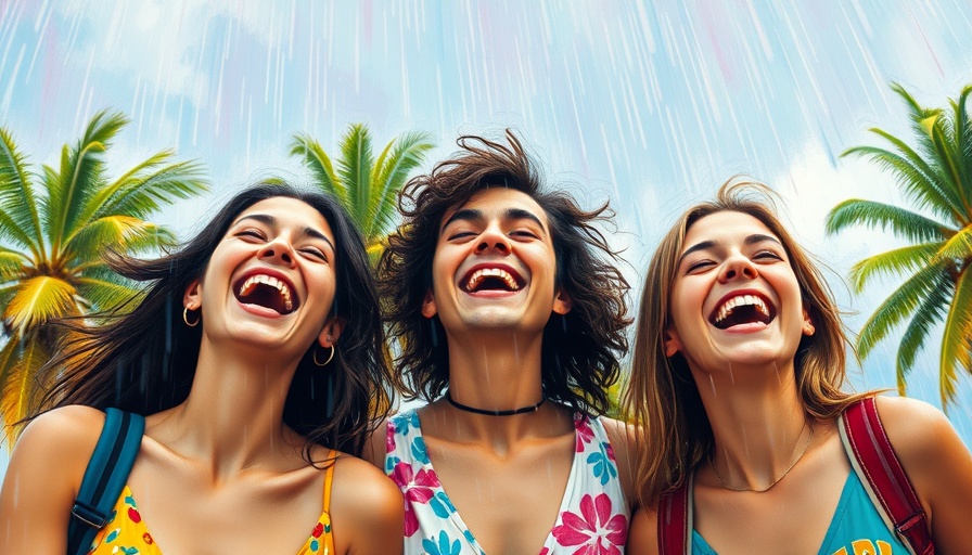 Vibrant painting of three people enjoying rain, choosing adventure.