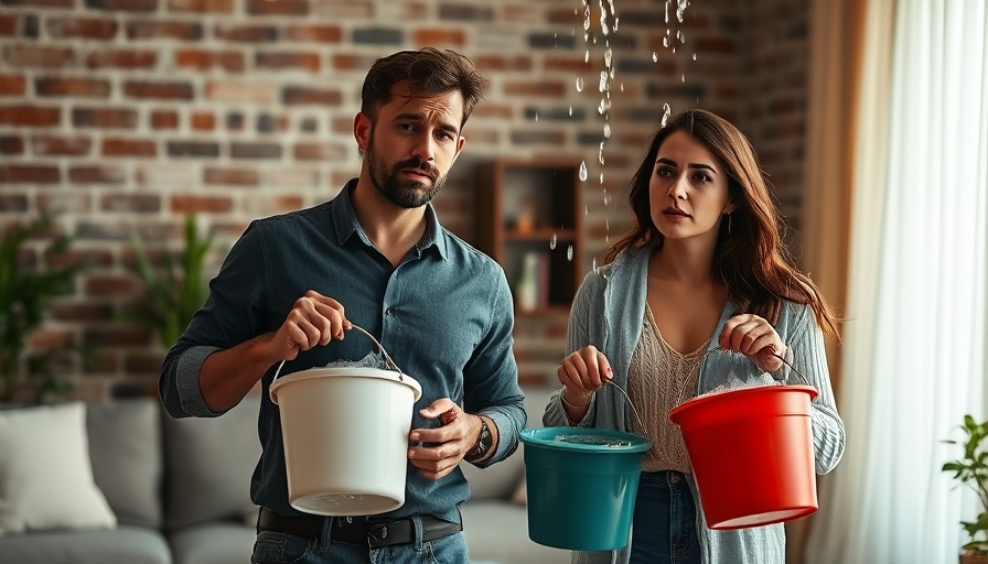 Couple catching leaks in modern living room, professional water damage recovery services.