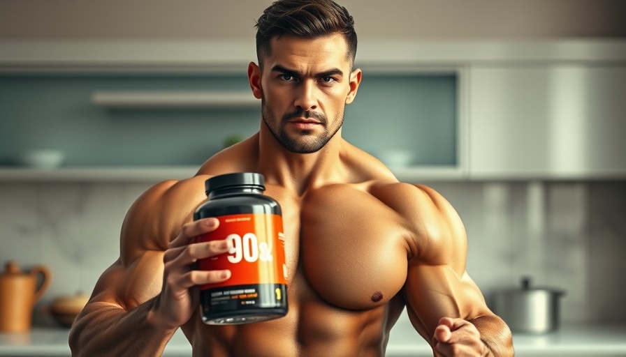 Muscular person with high-protein foods in sleek kitchen.