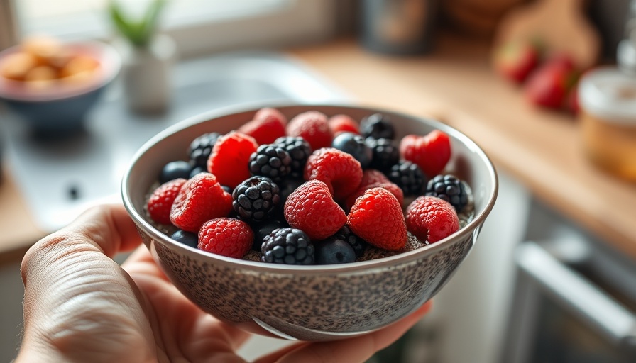Nutritious berry chia bowl for muscle health, close-up, vibrant colors.