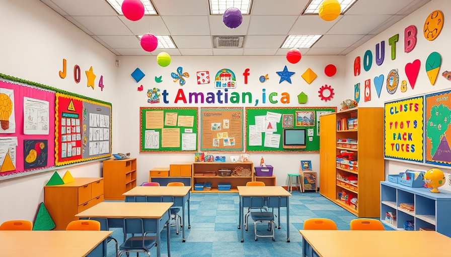 Colorful classroom with educational posters and geometric shapes, ICE arrests near schools.