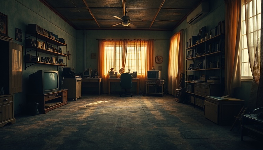 Retro room with old TV, cluttered shelves, dim lighting.