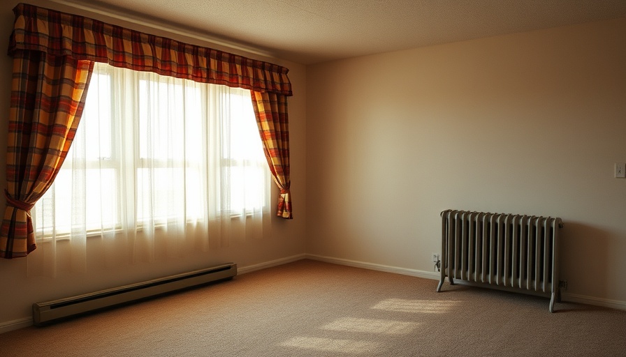 Empty 1970s living room with plaid curtains, ready for makeover.