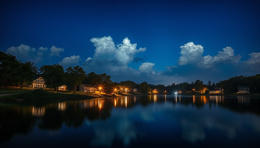 Scenic nighttime view of Portage Lakes with illuminated clouds.