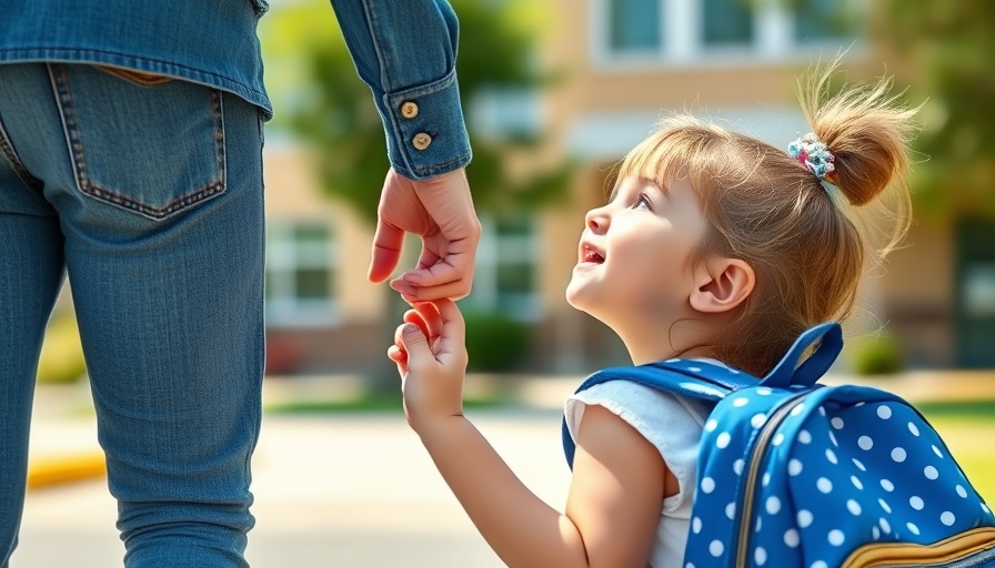 Child with backpack holding parent's hand, ready for school.