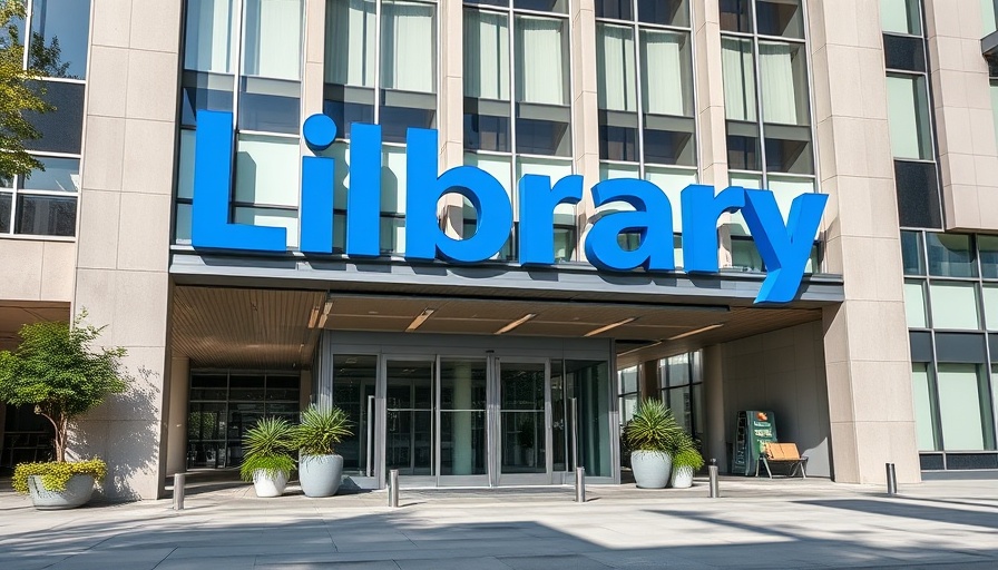 Modern library entrance with blue signage, promoting teen involvement in library design.