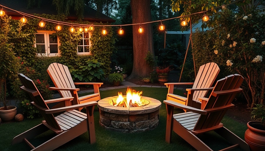 Cozy backyard with Adirondack chairs and string lights, showcasing quick home improvement ideas.