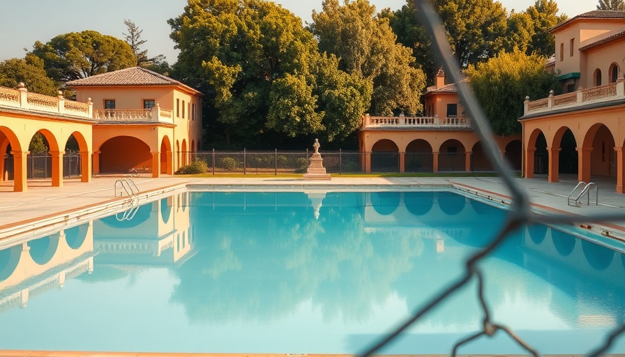 Deserted pool and Mediterranean-style building in L.A. park