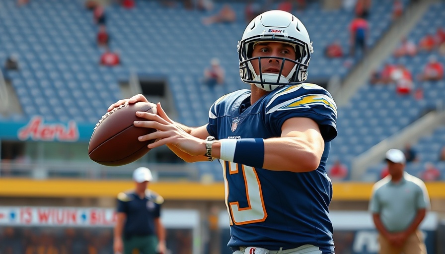 Chargers player confidently throws football as coach observes, highlighting competition readiness.