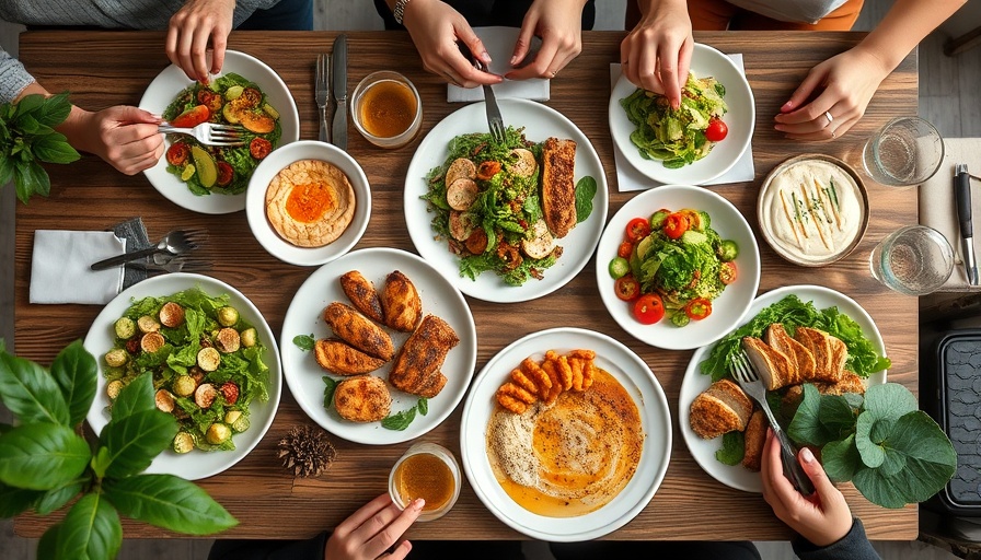 Varied healthy meals on a dining table, emphasizing carbohydrates and gut health.