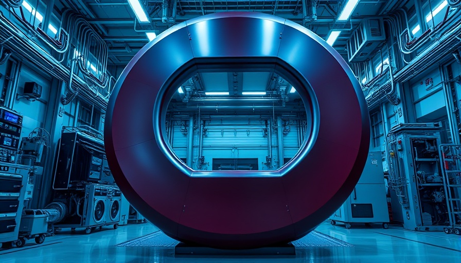 General Atomics giant magnet fusion energy setup in industrial hall.