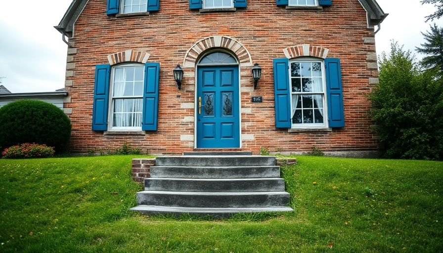 Stone house exterior with blue shutters on a glass-paneled door.