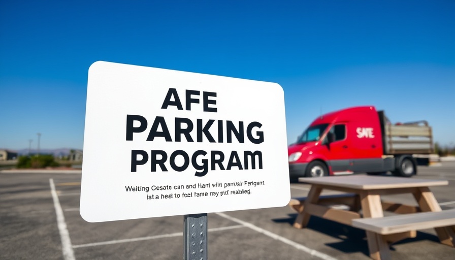 Safe Parking Program San Diego sign in lot with red truck and tables.