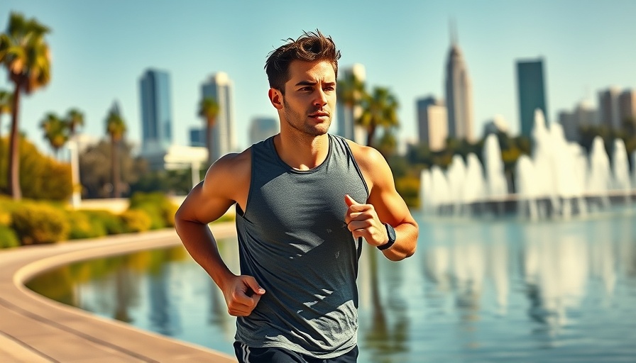 Athletic man jogging near pond with Los Angeles skyline during Labor Day Weekend Heat in Los Angeles County.