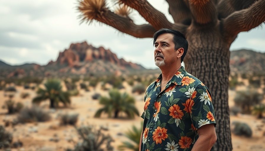 Joshua tree protections and homeowner burden: Man stands by Joshua tree in desert.