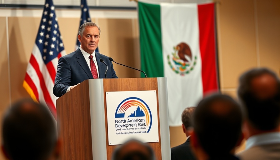 Confident speaker at podium with U.S. and Mexico flags discussing U.S.-Mexico trade growth.