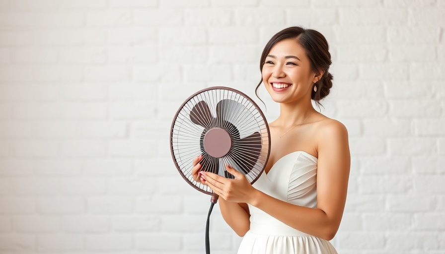Bride using fan due to climate heat at wedding ceremony.