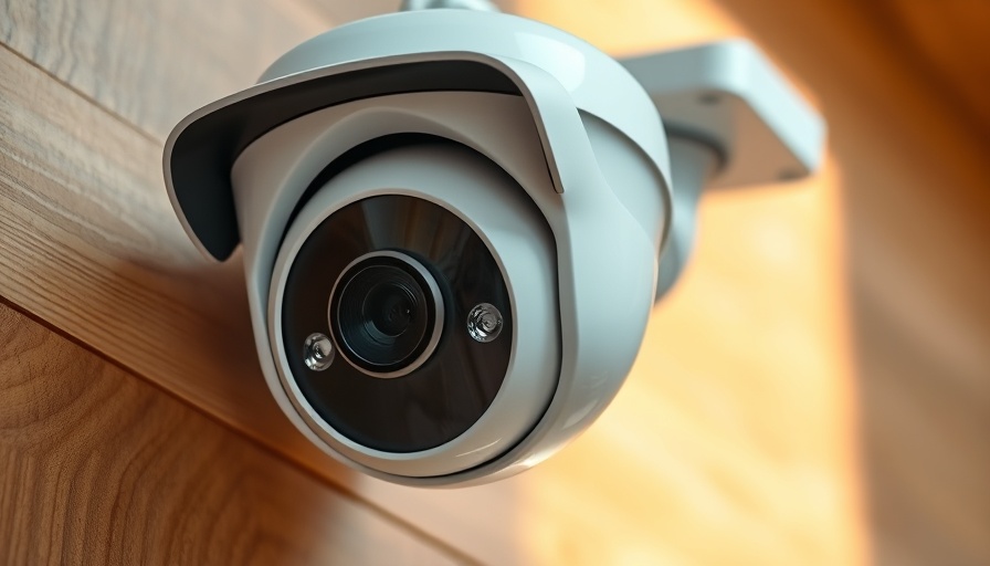 Smart home devices: sleek white security camera with lights on wood.