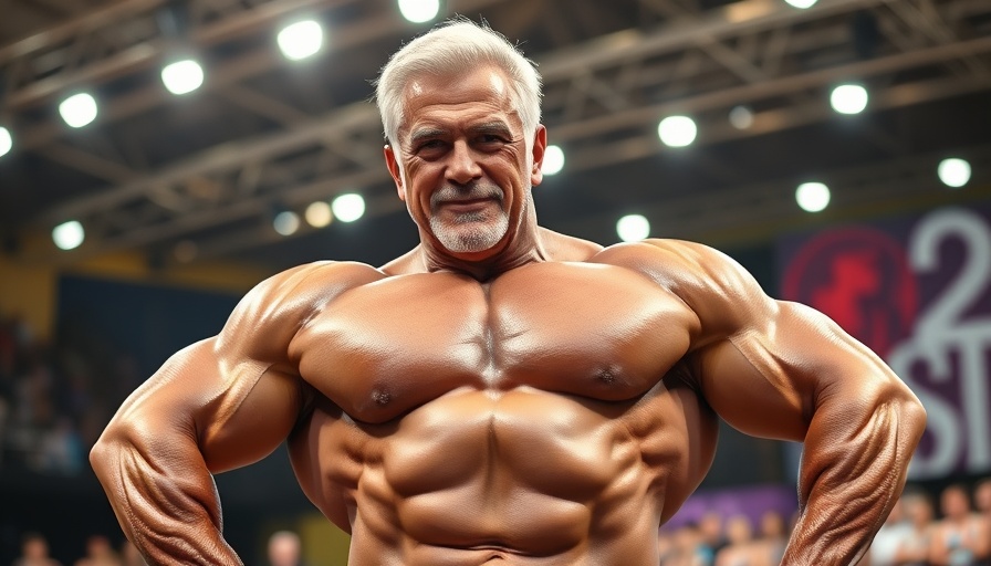 Confident elderly bodybuilder at 2025 Masters World Championships.