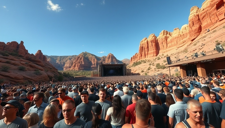 Excited crowd entering Red Rocks for concert, scenic rock formations.