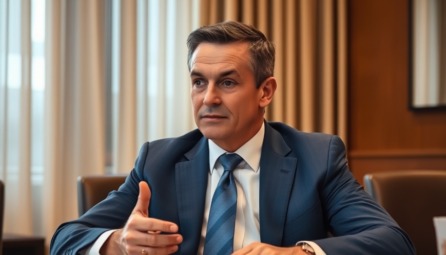 Man discussing policies in blue suit at conference table.