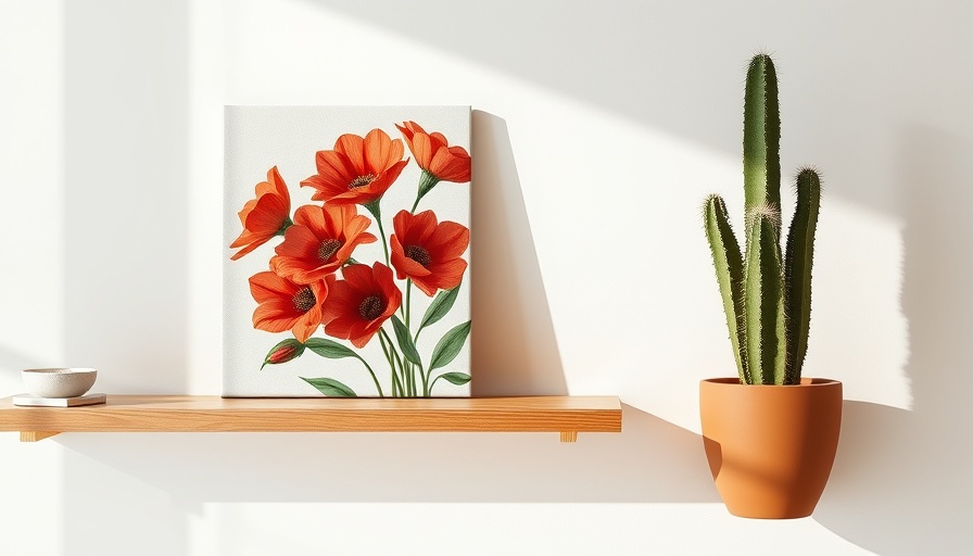 Framed vibrant floral painting with cactus on shelf.