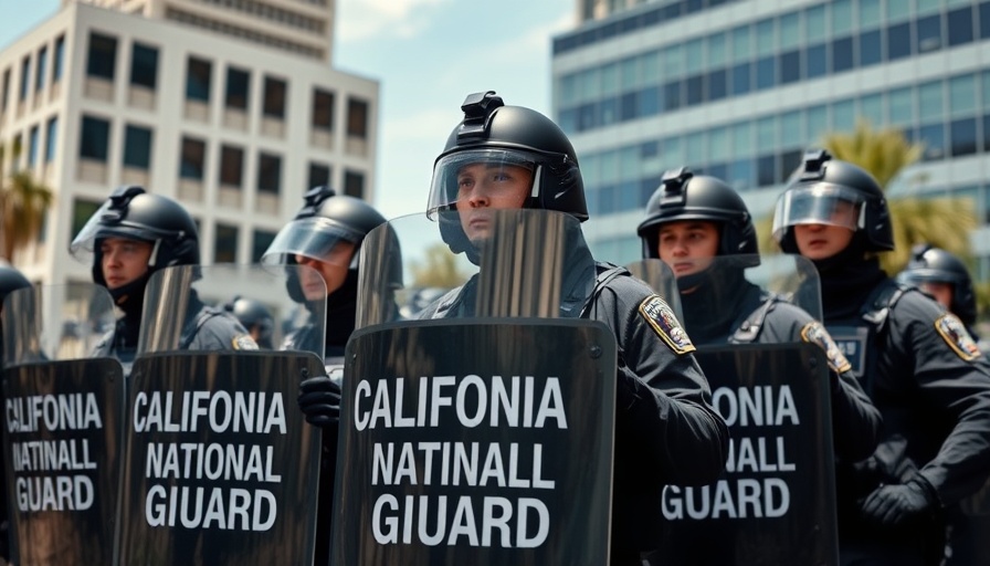 California National Guard in riot gear, urban daytime setting
