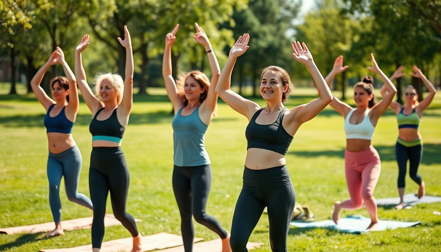 Joyful individuals at a park yoga session smiling outdoors.