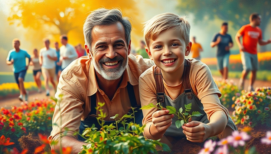 Father and son gardening joyfully for health and wellness.