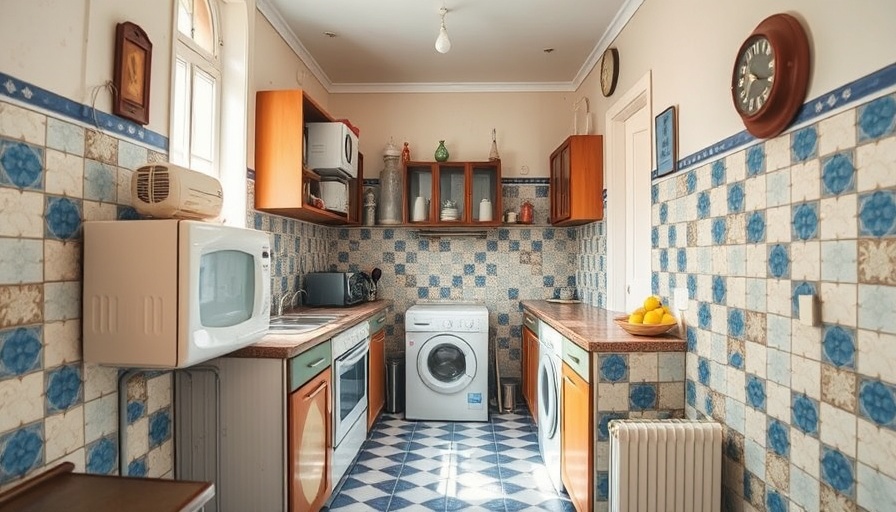 Vintage kitchen with blue and white tiles in need of minimalist kitchen makeover.