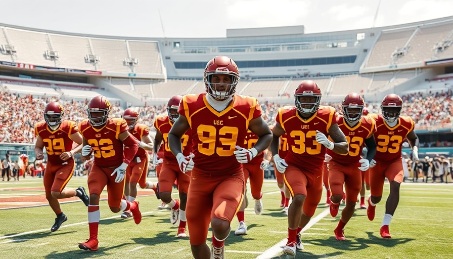 USC football players in matching gameday outfits running on field.