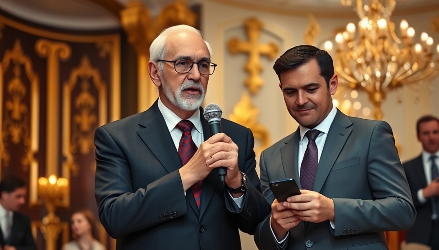 Man speaking at podium with smartphone in official setting.