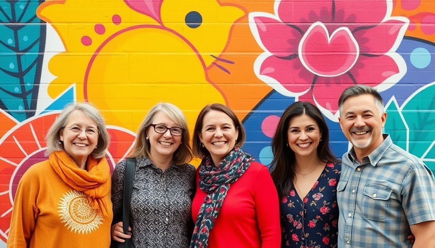 Group in front of Cuyahoga Falls mural, colorful and completed.