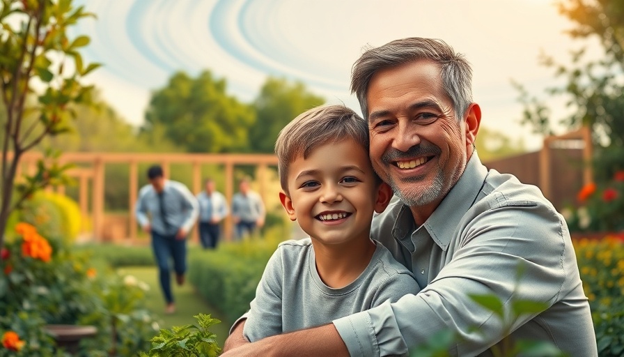 Father and son gardening joyfully, contrasting values.