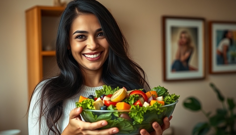 Smiling woman enjoys a colorful, high-volume low-calorie salad.