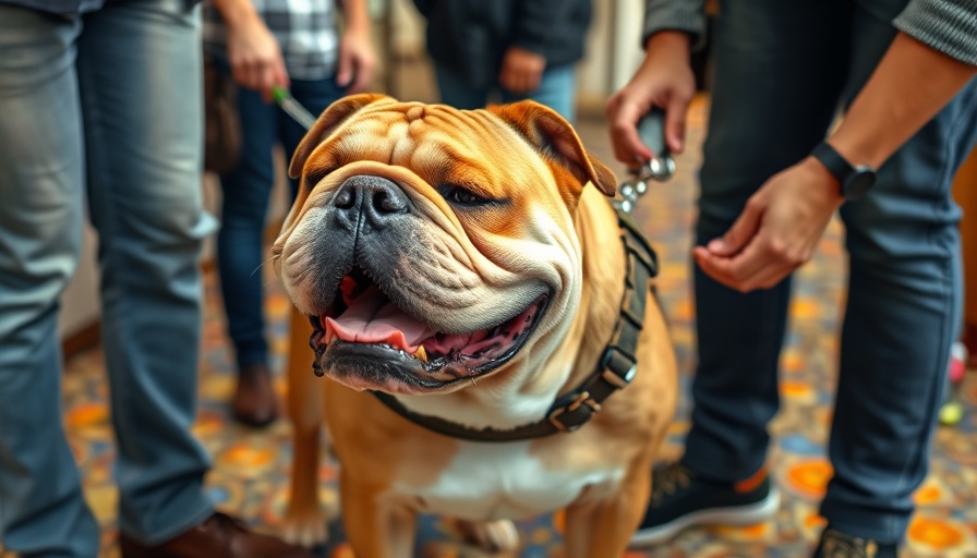 Brown bulldog calmly lays while people prepare for pet emergency in San Diego.