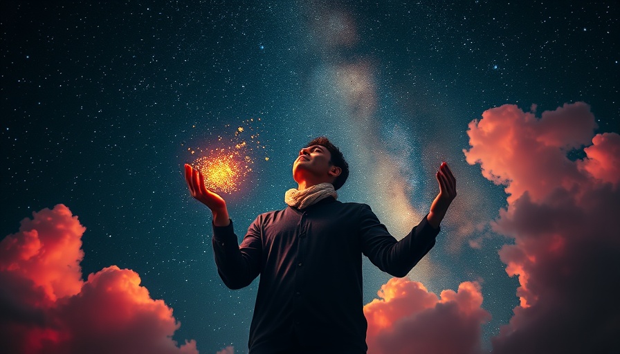 Dreamy scene of man releasing light into sky, symbolizing micro-faith health benefits.