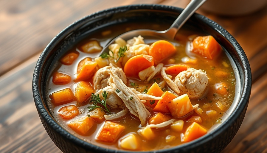 Chicken orzo soup recipe with carrots and herbs in a black bowl.