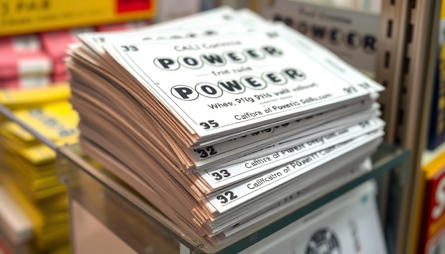 Stack of Powerball lottery tickets in California display.